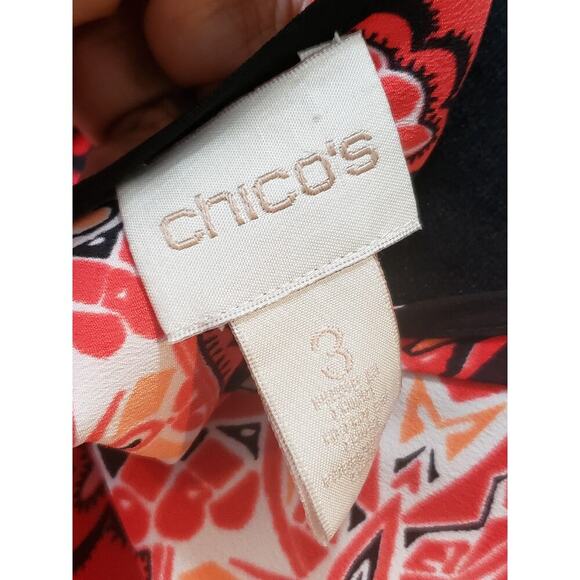 Chico's Tunic Top Women XL Red Geo Print Stretch Cold Shoulder Sleeve Round Neck - Picture 3 of 13